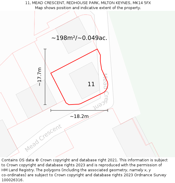 11, MEAD CRESCENT, REDHOUSE PARK, MILTON KEYNES, MK14 5FX: Plot and title map
