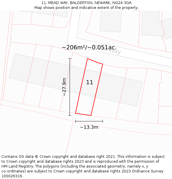 11, MEAD WAY, BALDERTON, NEWARK, NG24 3GA: Plot and title map