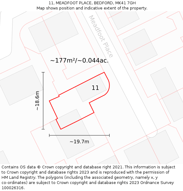 11, MEADFOOT PLACE, BEDFORD, MK41 7GH: Plot and title map