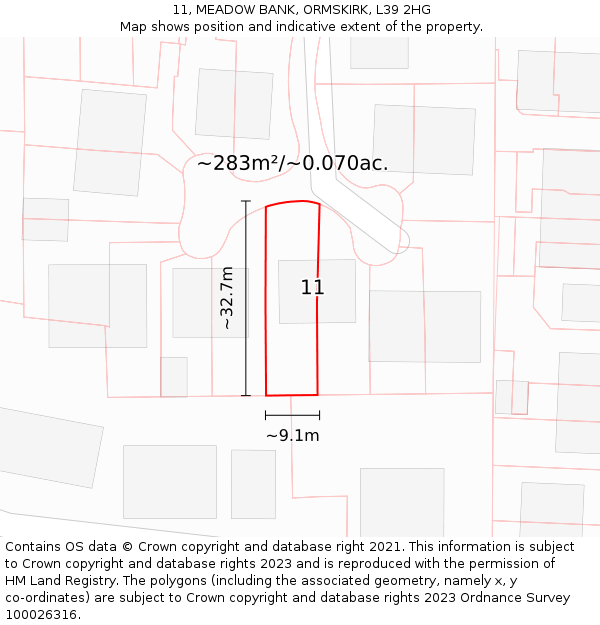 11, MEADOW BANK, ORMSKIRK, L39 2HG: Plot and title map