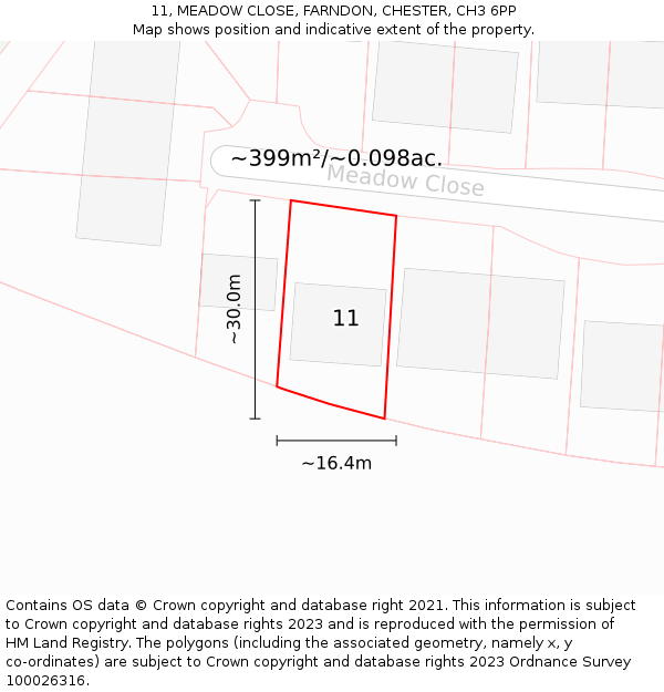 11, MEADOW CLOSE, FARNDON, CHESTER, CH3 6PP: Plot and title map