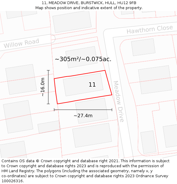 11, MEADOW DRIVE, BURSTWICK, HULL, HU12 9FB: Plot and title map