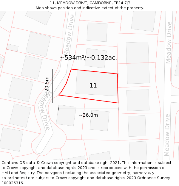 11, MEADOW DRIVE, CAMBORNE, TR14 7JB: Plot and title map