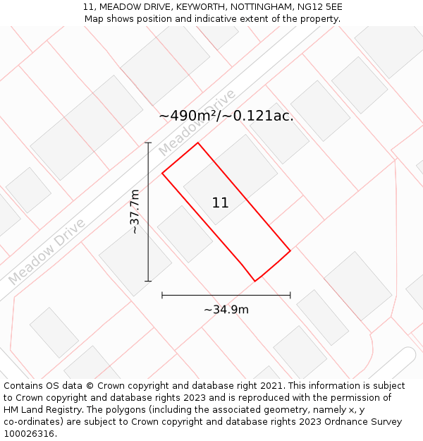 11, MEADOW DRIVE, KEYWORTH, NOTTINGHAM, NG12 5EE: Plot and title map