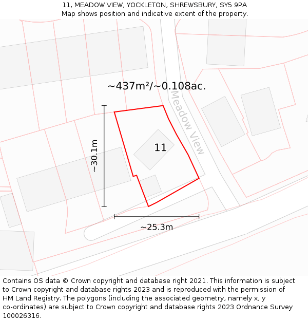 11, MEADOW VIEW, YOCKLETON, SHREWSBURY, SY5 9PA: Plot and title map