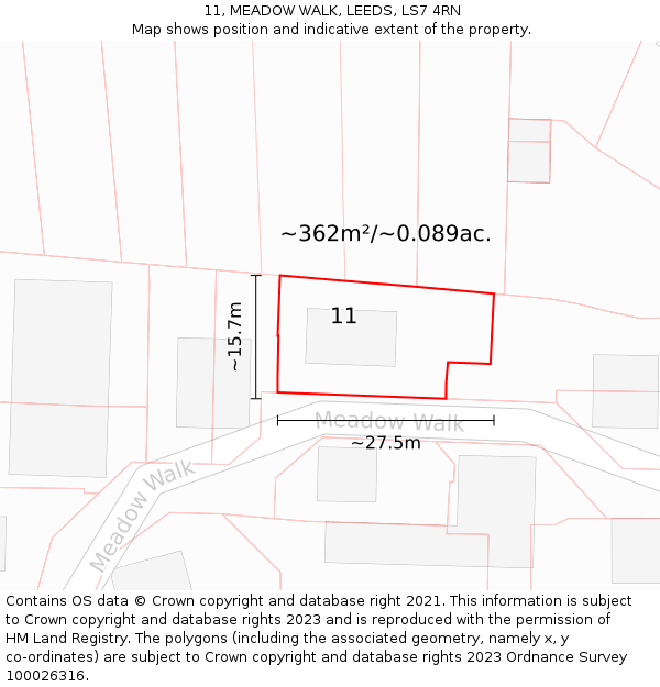 11, MEADOW WALK, LEEDS, LS7 4RN: Plot and title map