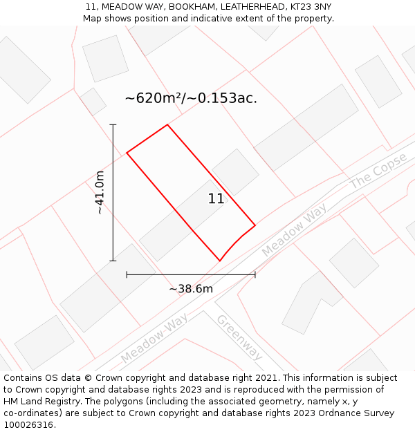 11, MEADOW WAY, BOOKHAM, LEATHERHEAD, KT23 3NY: Plot and title map