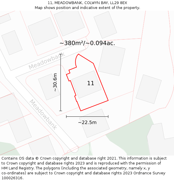 11, MEADOWBANK, COLWYN BAY, LL29 8EX: Plot and title map