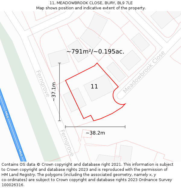 11, MEADOWBROOK CLOSE, BURY, BL9 7LE: Plot and title map