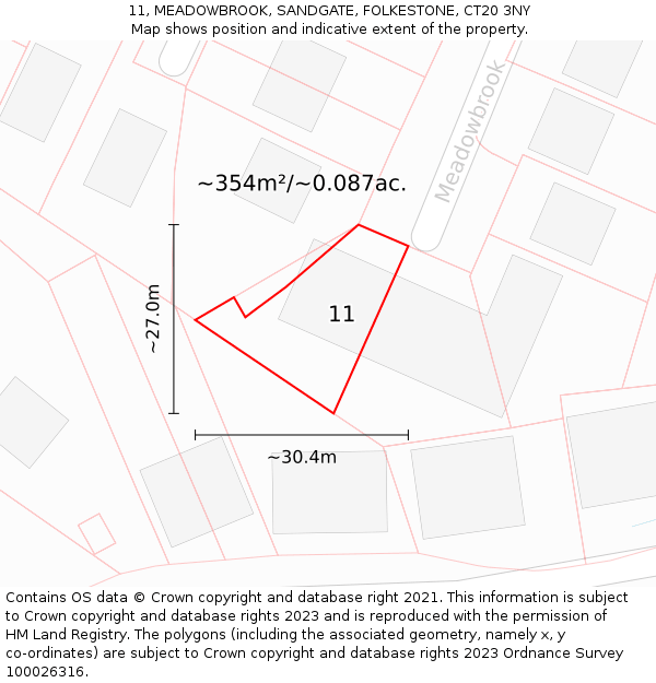 11, MEADOWBROOK, SANDGATE, FOLKESTONE, CT20 3NY: Plot and title map