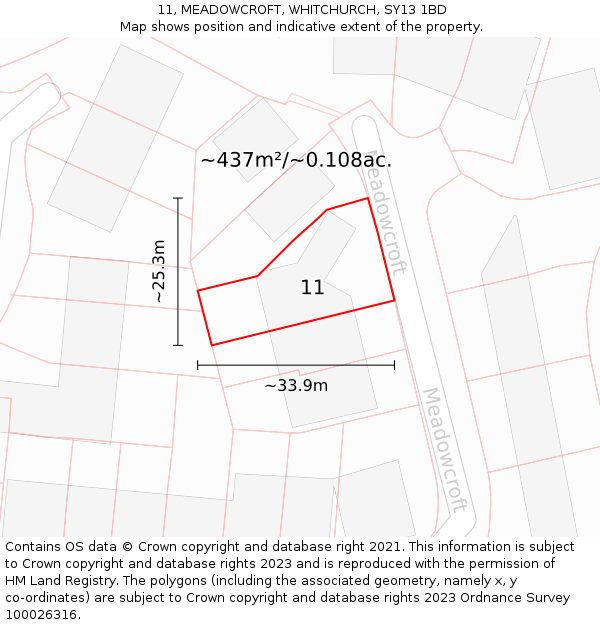 11, MEADOWCROFT, WHITCHURCH, SY13 1BD: Plot and title map