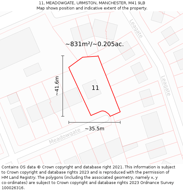 11, MEADOWGATE, URMSTON, MANCHESTER, M41 9LB: Plot and title map