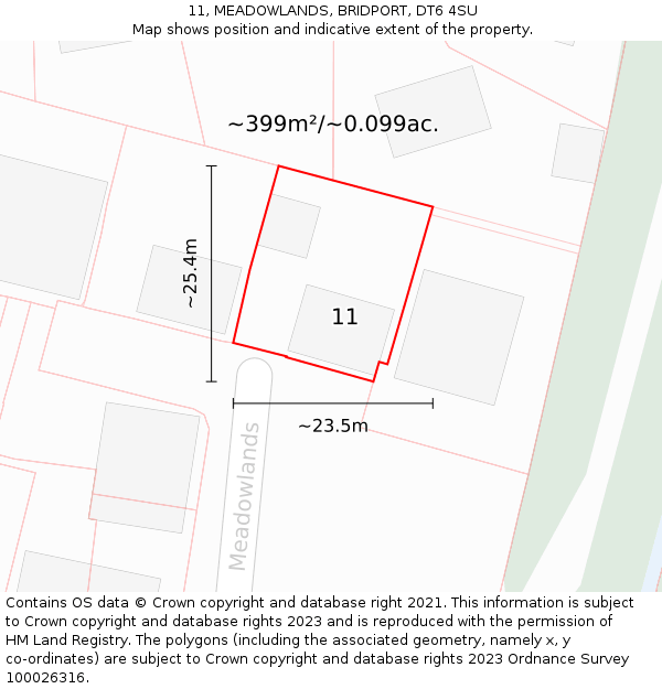 11, MEADOWLANDS, BRIDPORT, DT6 4SU: Plot and title map