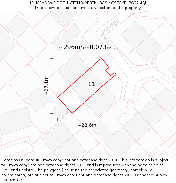11, MEADOWRIDGE, HATCH WARREN, BASINGSTOKE, RG22 4QH: Plot and title map