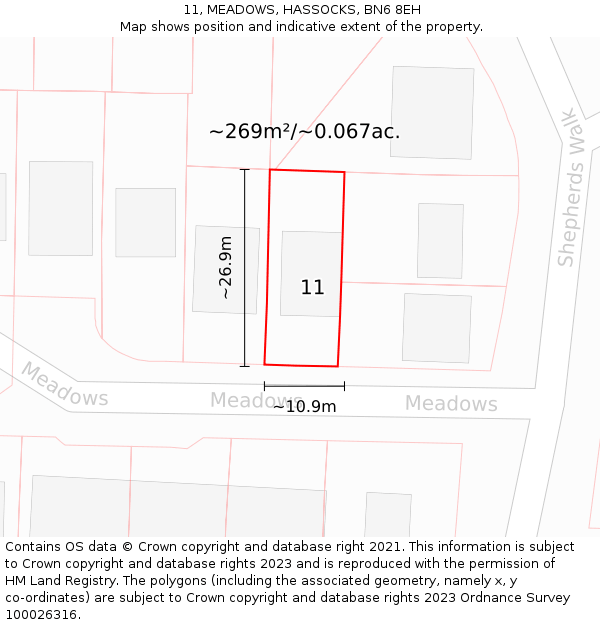 11, MEADOWS, HASSOCKS, BN6 8EH: Plot and title map