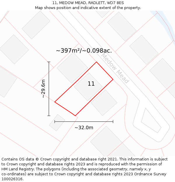 11, MEDOW MEAD, RADLETT, WD7 8ES: Plot and title map