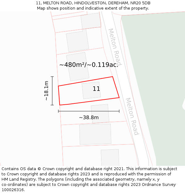 11, MELTON ROAD, HINDOLVESTON, DEREHAM, NR20 5DB: Plot and title map