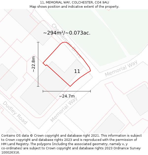 11, MEMORIAL WAY, COLCHESTER, CO4 9AU: Plot and title map