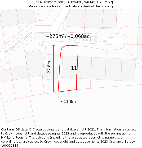11, MENHINICK CLOSE, LANDRAKE, SALTASH, PL12 5DJ: Plot and title map