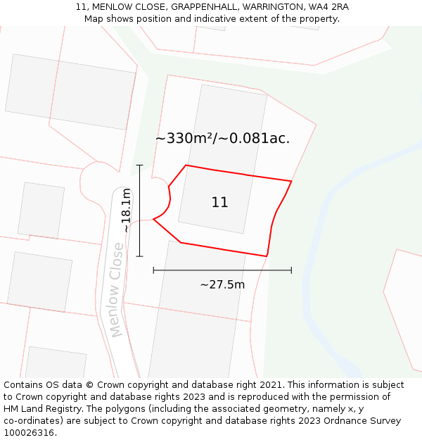 11, MENLOW CLOSE, GRAPPENHALL, WARRINGTON, WA4 2RA: Plot and title map