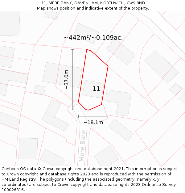 11, MERE BANK, DAVENHAM, NORTHWICH, CW9 8NB: Plot and title map