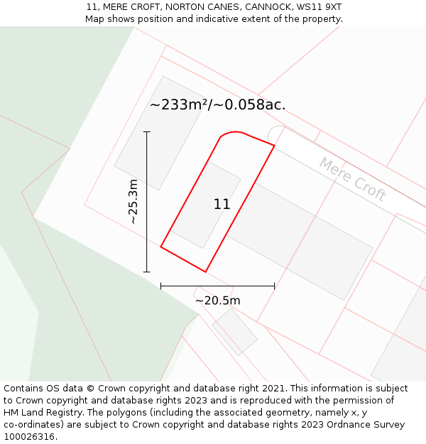 11, MERE CROFT, NORTON CANES, CANNOCK, WS11 9XT: Plot and title map