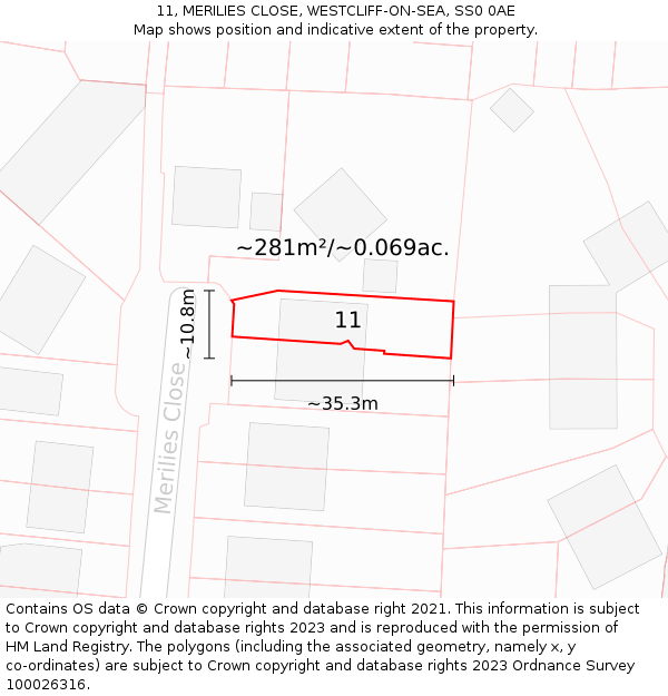 11, MERILIES CLOSE, WESTCLIFF-ON-SEA, SS0 0AE: Plot and title map