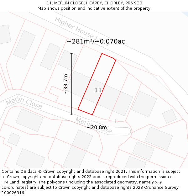 11, MERLIN CLOSE, HEAPEY, CHORLEY, PR6 9BB: Plot and title map