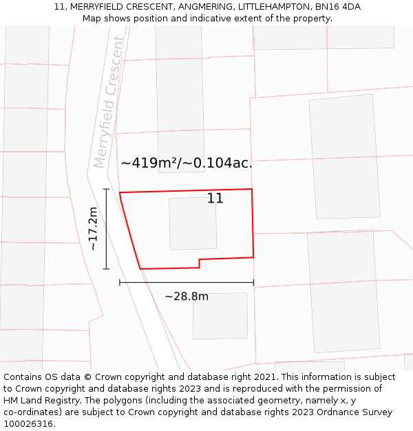 11, MERRYFIELD CRESCENT, ANGMERING, LITTLEHAMPTON, BN16 4DA: Plot and title map