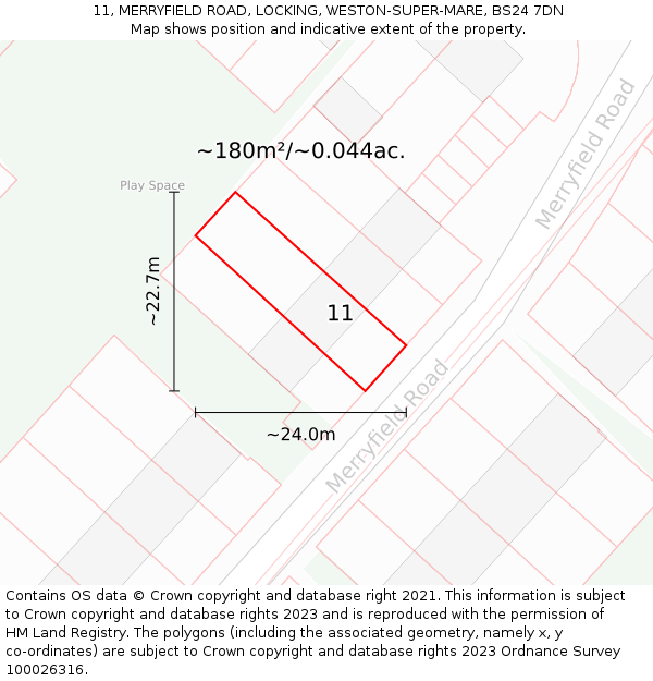 11, MERRYFIELD ROAD, LOCKING, WESTON-SUPER-MARE, BS24 7DN: Plot and title map