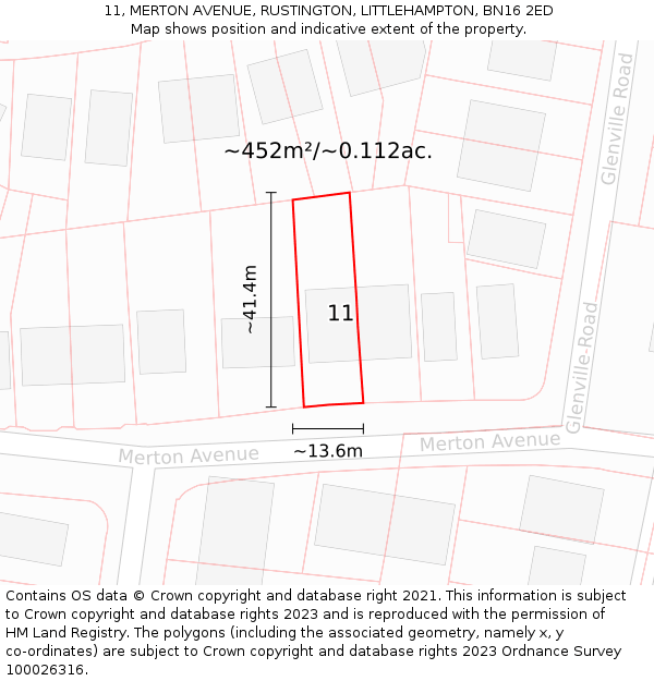 11, MERTON AVENUE, RUSTINGTON, LITTLEHAMPTON, BN16 2ED: Plot and title map