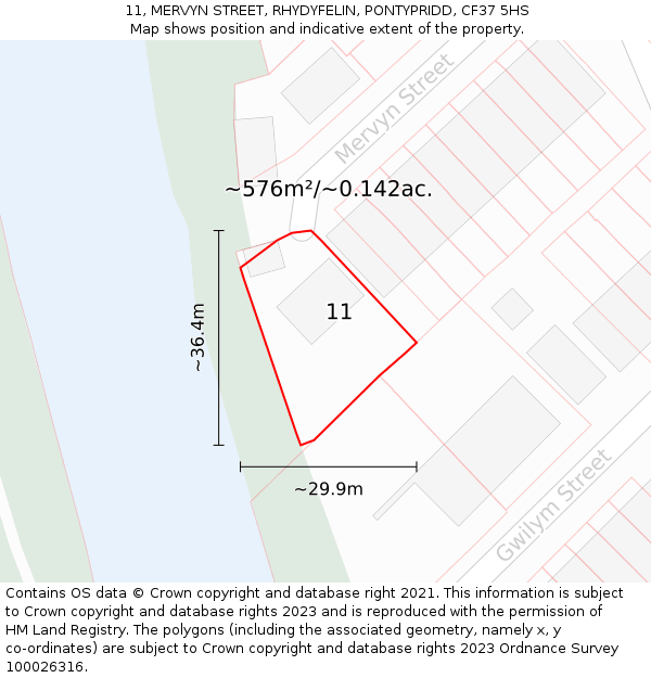 11, MERVYN STREET, RHYDYFELIN, PONTYPRIDD, CF37 5HS: Plot and title map