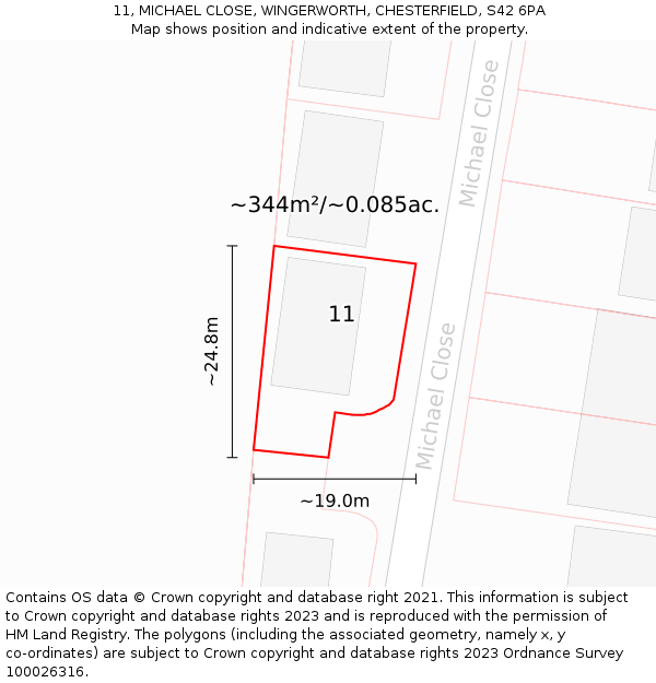11, MICHAEL CLOSE, WINGERWORTH, CHESTERFIELD, S42 6PA: Plot and title map