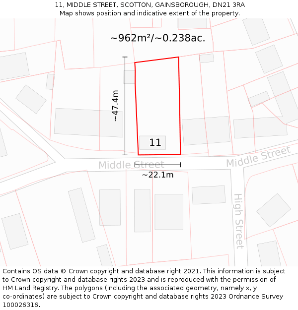 11, MIDDLE STREET, SCOTTON, GAINSBOROUGH, DN21 3RA: Plot and title map