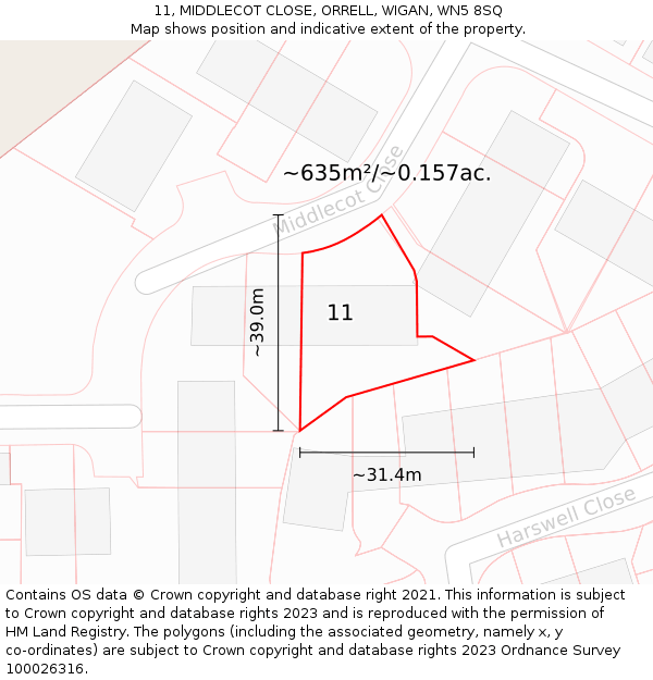 11, MIDDLECOT CLOSE, ORRELL, WIGAN, WN5 8SQ: Plot and title map