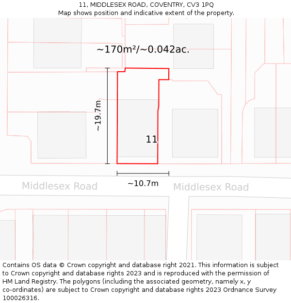 11, MIDDLESEX ROAD, COVENTRY, CV3 1PQ: Plot and title map