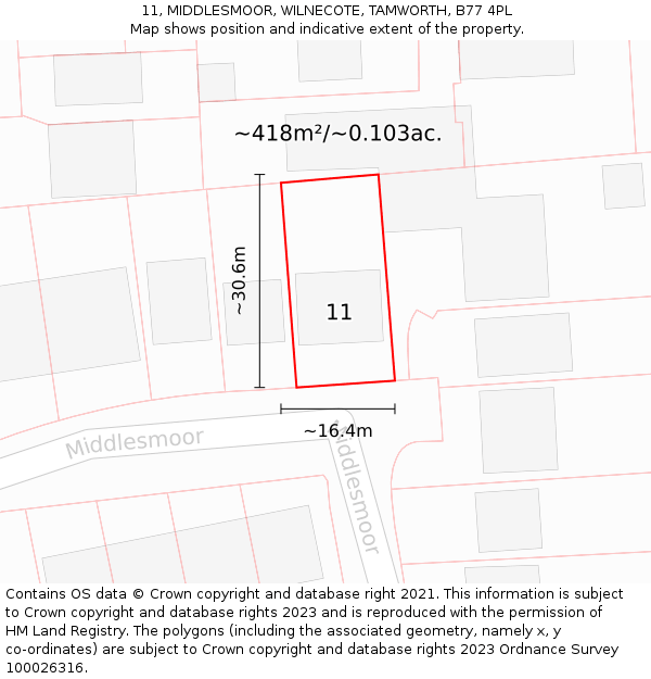 11, MIDDLESMOOR, WILNECOTE, TAMWORTH, B77 4PL: Plot and title map