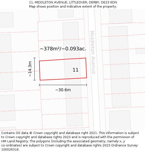 11, MIDDLETON AVENUE, LITTLEOVER, DERBY, DE23 6DN: Plot and title map