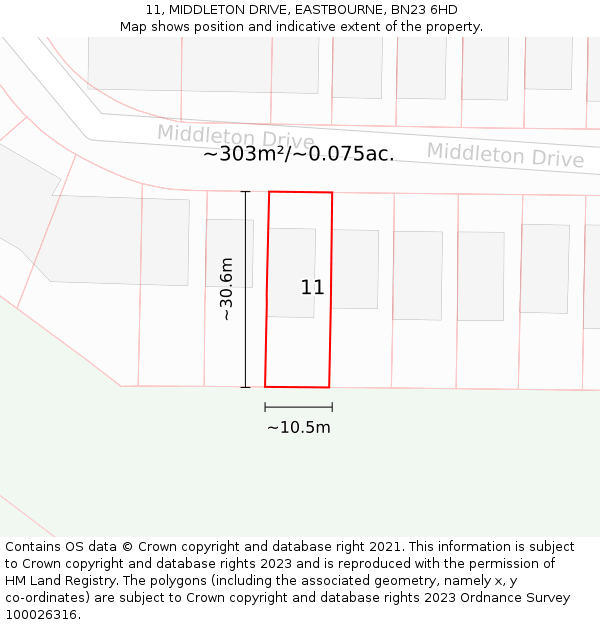 11, MIDDLETON DRIVE, EASTBOURNE, BN23 6HD: Plot and title map
