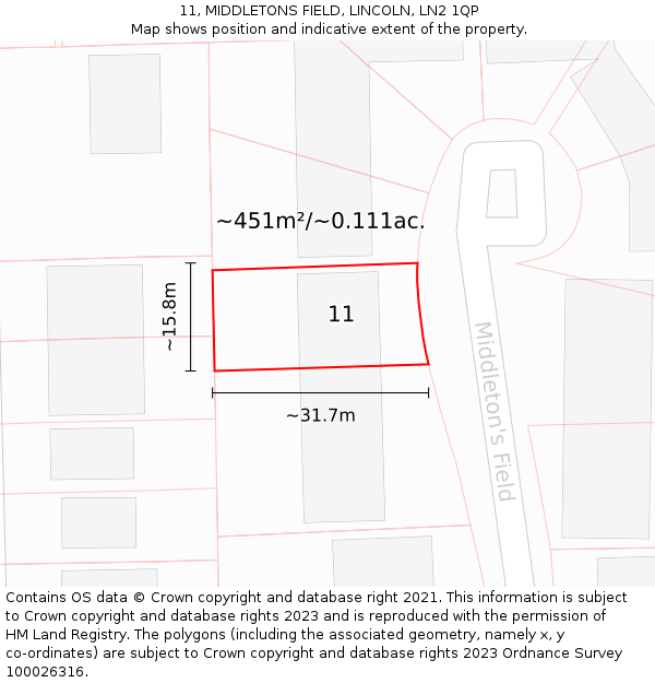 11, MIDDLETONS FIELD, LINCOLN, LN2 1QP: Plot and title map