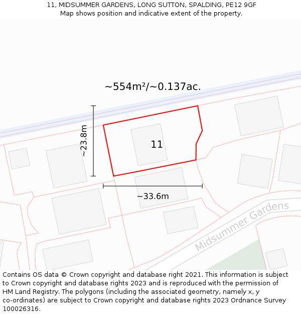 11, MIDSUMMER GARDENS, LONG SUTTON, SPALDING, PE12 9GF: Plot and title map