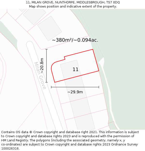 11, MILAN GROVE, NUNTHORPE, MIDDLESBROUGH, TS7 0DQ: Plot and title map