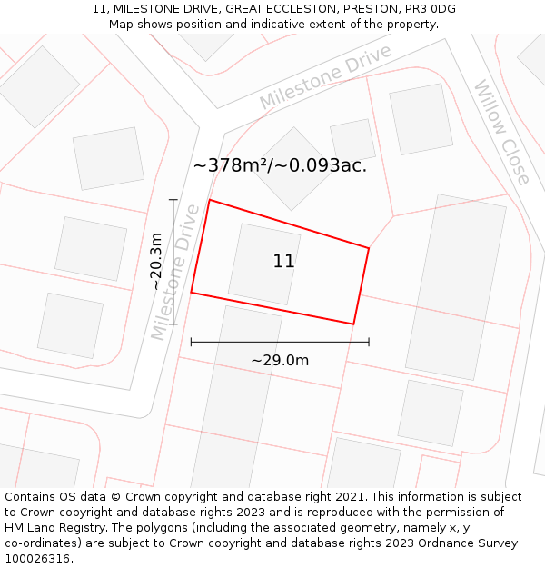 11, MILESTONE DRIVE, GREAT ECCLESTON, PRESTON, PR3 0DG: Plot and title map