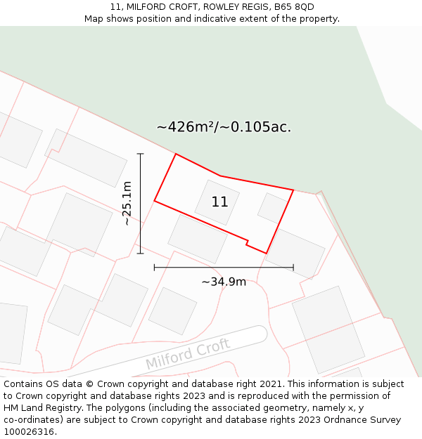 11, MILFORD CROFT, ROWLEY REGIS, B65 8QD: Plot and title map