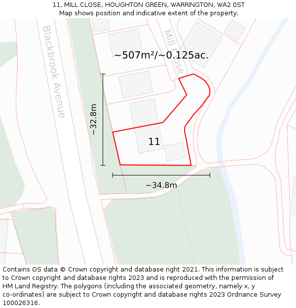 11, MILL CLOSE, HOUGHTON GREEN, WARRINGTON, WA2 0ST: Plot and title map