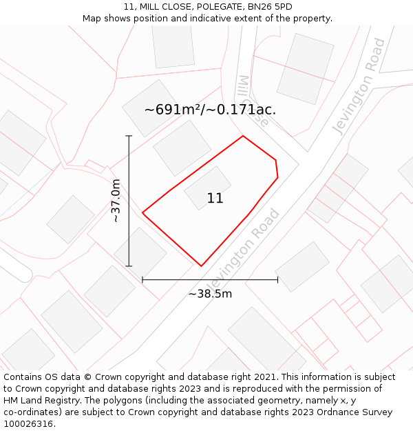 11, MILL CLOSE, POLEGATE, BN26 5PD: Plot and title map
