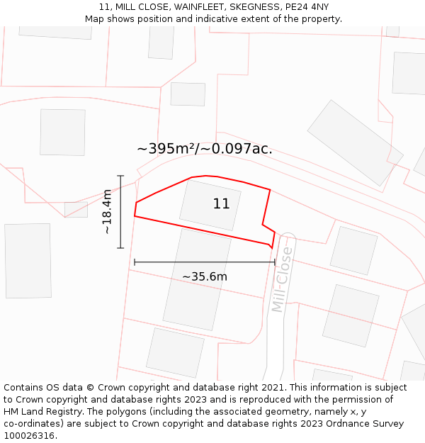 11, MILL CLOSE, WAINFLEET, SKEGNESS, PE24 4NY: Plot and title map