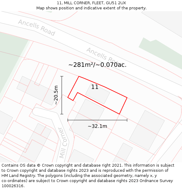 11, MILL CORNER, FLEET, GU51 2UX: Plot and title map