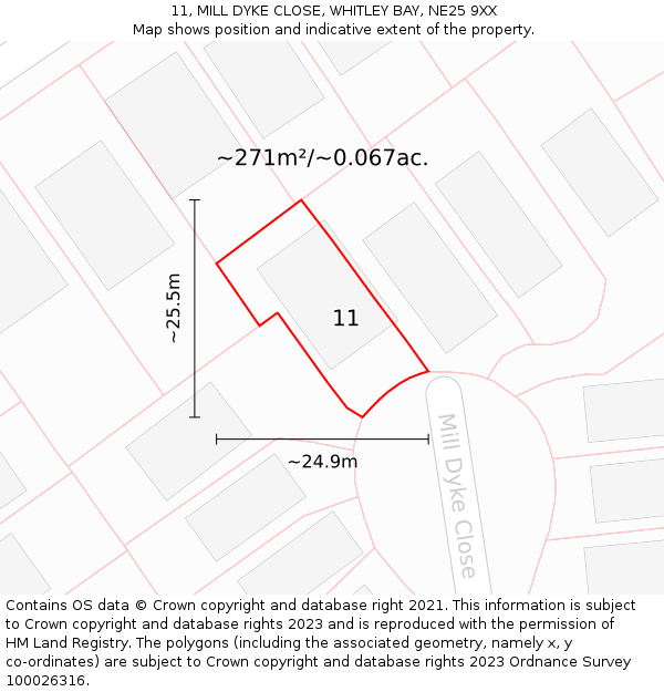 11, MILL DYKE CLOSE, WHITLEY BAY, NE25 9XX: Plot and title map
