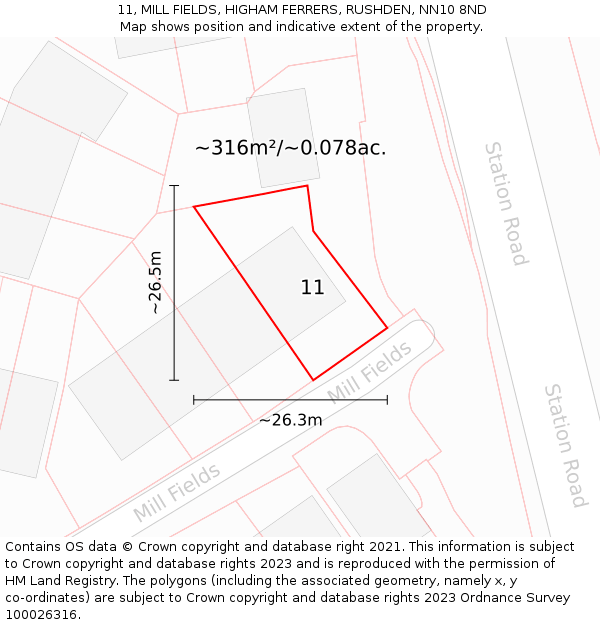 11, MILL FIELDS, HIGHAM FERRERS, RUSHDEN, NN10 8ND: Plot and title map